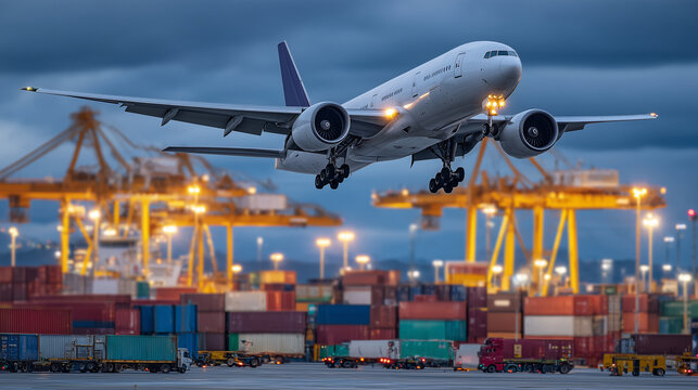 Heavy freight plane descending over dense container yard, complex network of shipping lanes and logistics vehicles beneath, industrial cranes ready to unload precious cargo - Powered by Adobe