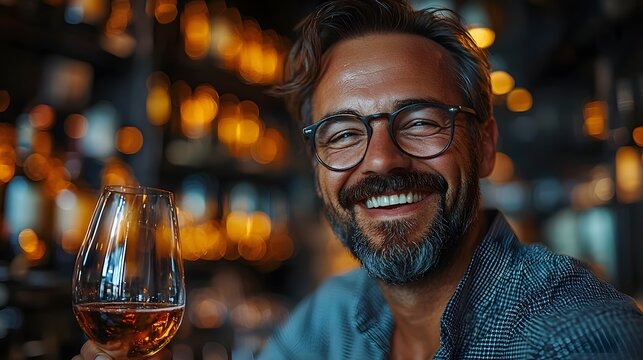 Smiling man in glasses and beard celebrating with a glass of wine