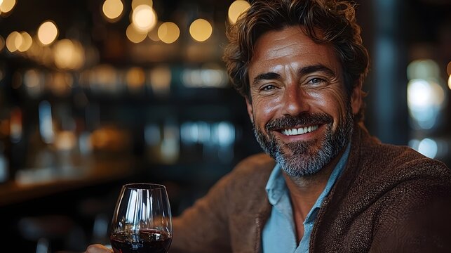 Smiling man celebrating with a glass of wine