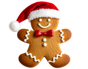 Boneco de Gengibre Decorado com Detalhes Clássicos e Gorro de Natal Texturizado, Vista Diagonal Leve, isolado sem fundo – AI Gerado