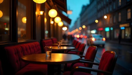 A cozy cafe interior at twilight, warm yellow lamps casting soft bokeh, creating an abstract background. Tables are dark wood, chairs upholstered in deep red velvet. Outside, a rainy city street refle