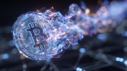 Bitcoin emblem pulses with fiery energy, surrounded by dynamic sparks and drifting smoke tendrils, futuristic grid of blockchain nodes glowing faintly behind