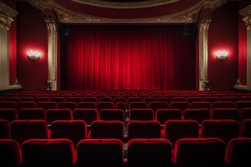 Empty cinema or theater with red velvet seats and red curtains, ready for a show