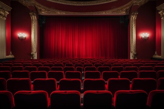 Empty cinema or theater with red velvet seats and red curtains, ready for a show - Powered by Adobe