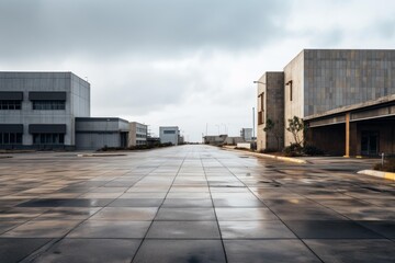 Obraz premium Wet concrete surface of parking area stretching towards industrial complex, conveying sense of vacancy and cloudy weather