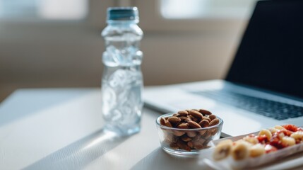 Healthy snacks on desk beside laptop, featuring bowl of almonds, bottle of water, and plate of fruit. This setup promotes balanced lifestyle during remote work