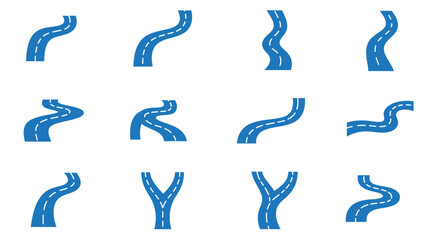 Collection of blue road icons with various curves and junctions on white backdrop