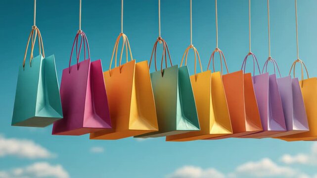 Multicolored shopping bags suspended by strings in a row, realistic style, with a blue sky and clouds background, concept of retail and sale