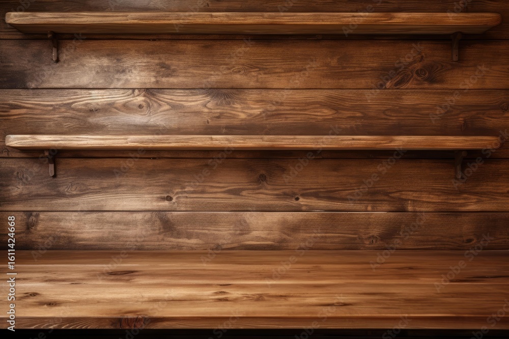 Poster two empty wooden shelves mounted on a rustic wooden wall above a matching tabletop create a charming