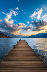 Obraz premium A tranquil scene of a wooden pier extending into a calm lake, surrounded by majestic mountains at sunset.