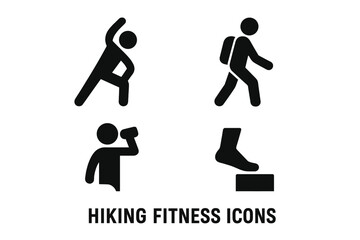 Outdoor hiking fitness preparation icon set. Solid filled vector pictograms of warm-up stretch pose, backpack hiker walking, water drinking hydration, step-up leg exercise