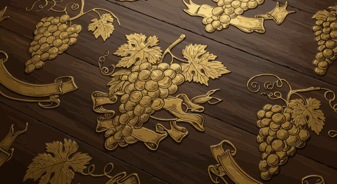 Elegant Golden Grapes and Banners on Dark Wood, a Luxurious Vintage Pattern
