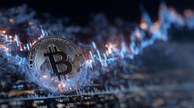 Bitcoin coin glows with internal fire, sparks bursting like solar flares, heavy smoke drifts upward, set against holographic financial charts and data streams - Powered by Adobe