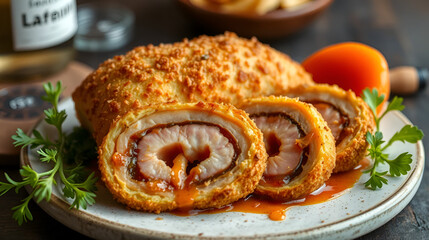spanish flamenquines, breaded pork loin rolled with serrano ham,