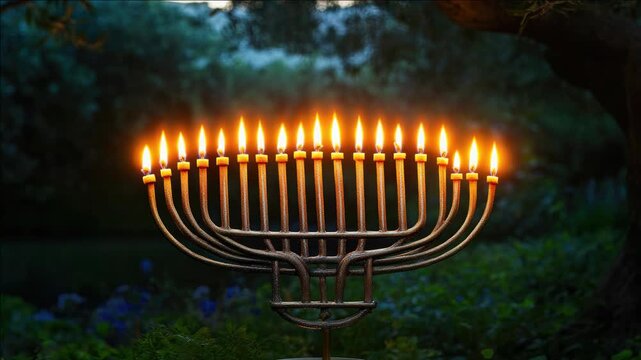 A traditional Hanukkah menorah with eight candles and a shamash, lit up against the night sky.