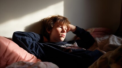 Obraz premium Teenage boy lies on bed, staring thoughtfully at ceiling, with soft sunlight illuminating his face. serene atmosphere evokes sense of contemplation and tranquility