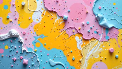 an artistic display of splattered paint in shades of yellow, blue, and pink, with white speckles adding to the colorful effect