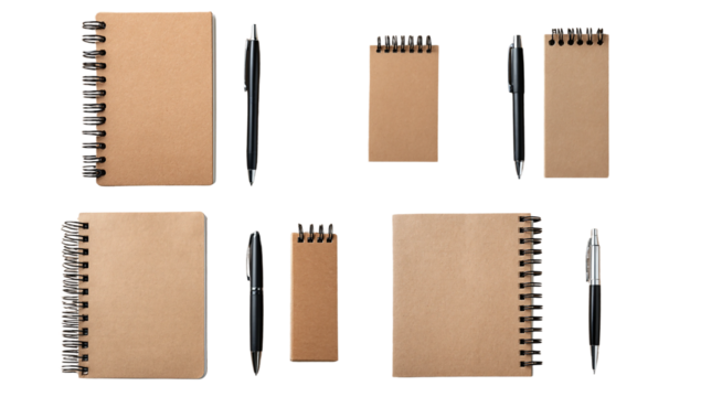 Collection of notebooks and pens isolated on transparent background, perfect for office, school, or personal use with blank pages