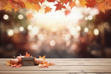 Wooden table with pumpkins and autumn leaves creating a cozy atmosphere