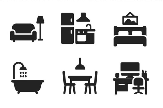 Solid filled home interior room icon set: living room sofa lamp, kitchen fridge stove, bedroom bed, bathroom bathtub shower, dining table, home office computer, vector silhouettes. - Powered by Adobe