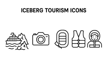 Arctic iceberg tourism outline icon set featuring cruise ship, camera, zodiac boat, life jacket, tourist in parka, expedition safety gear, isolated vector illustration