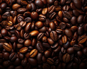 Obraz premium Close-up of rich, dark roasted coffee beans, showcasing their texture and depth.