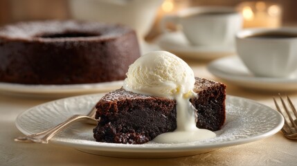 Chocolate Cake Slice with Melting Vanilla Ice Cream &ndash; Powdered Sugar and Coffee Setting