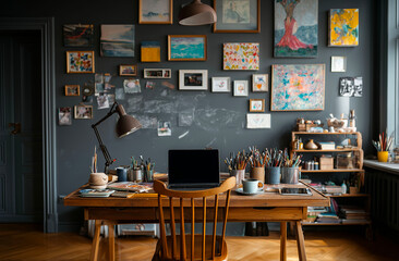 Workplace with laptop on the table in the interior of the artist's studio