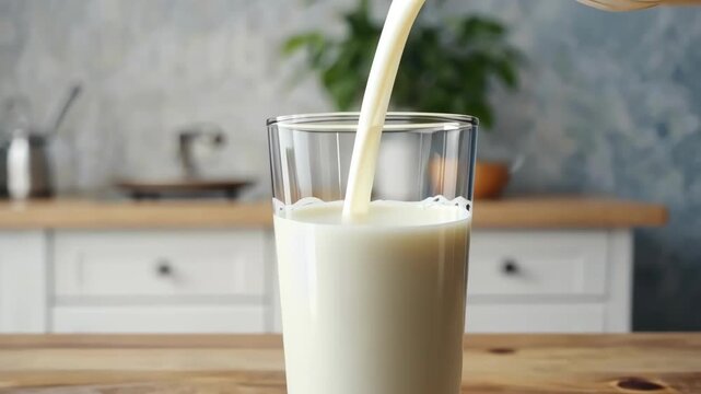 Close-up shot of milk flowing from jug into kitchen table in soft light