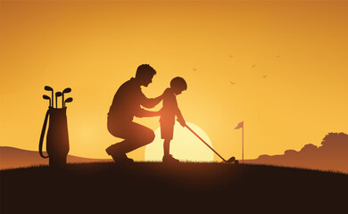 Father Teaching Son Golf – Silhouette at Sunset