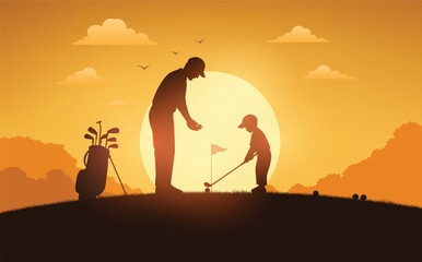 Golf Training at Sunset - Father and Son Silhouette