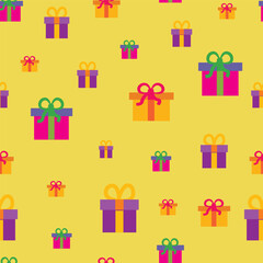 seamless holiday pattern with gift boxes on bright yellow background
