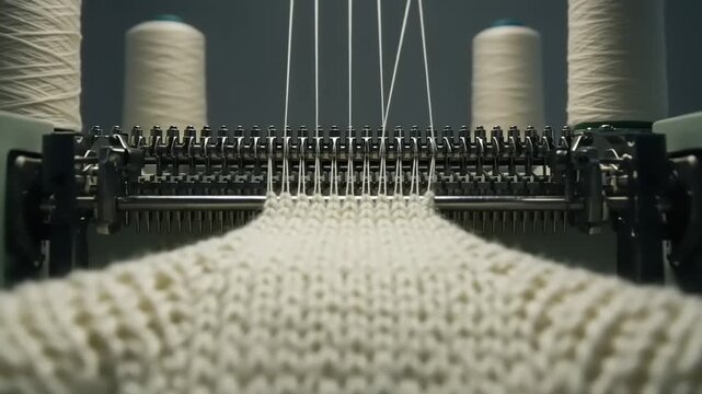 Close-up of knitting machine producing white fabric, industry, textiles