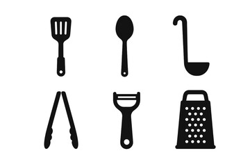 Solid black kitchen utensil icon set on transparent background – spatula turner, cooking spoon, soup ladle, food tongs, vegetable peeler, cheese grater vector illustration