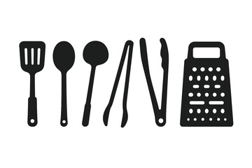 Minimalist Kitchen Utensil Icons Set – Solid Filled Spatula, Spoon, Ladle, Tongs, Peeler & Grater Vector Illustration on Transparent Background for Cooking & Culinary Design
