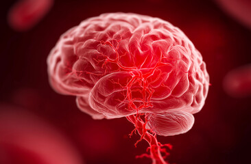 Human brain in red blood cell, 3D illustration showing human brain anatomy