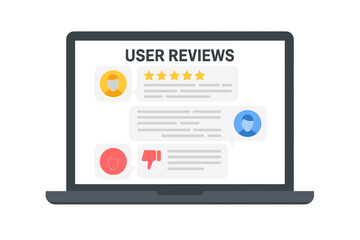 Laptop displaying customer review ratings and feedback messages, five star positive review and thumbs down negative comment icons, online user reviews interface, e-commerce consumer opinion concept