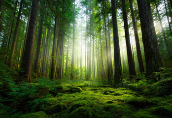 Obraz premium Mystical sunbeams pierce a dense, moss-covered forest, illuminating tall trees and lush green undergrowth.