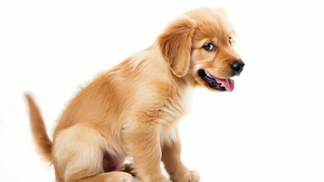 A joyful yellow lab puppy looking directly at the camera with a wide smile on its face, ready for adventure.
