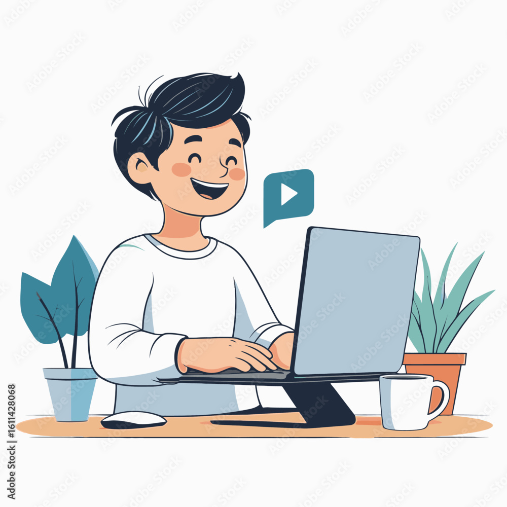 Poster person with a laptop smiling at the screen there are plants on the table and a play symbol is in a d
