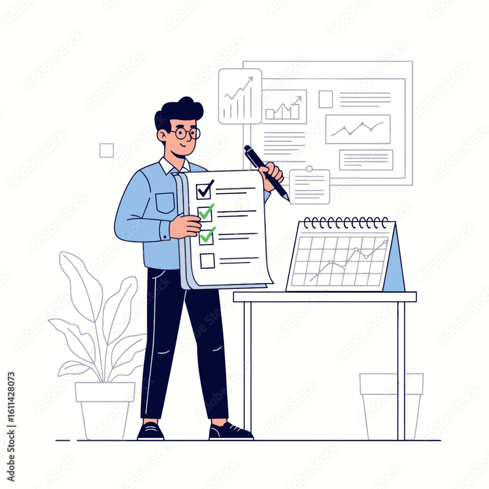 Poster person marks checklist by desk with calendar chart background