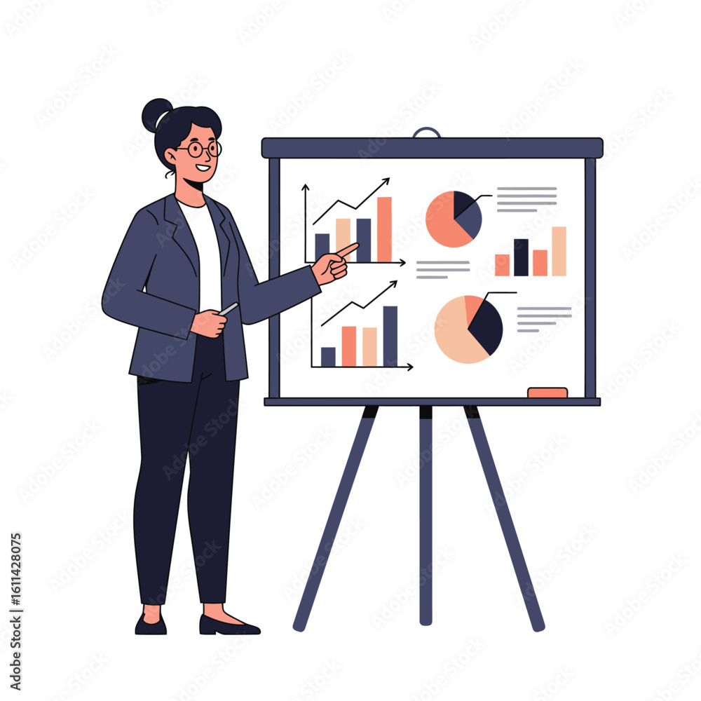 Poster person presents on a white board showing charts graphs and written lists using a pen