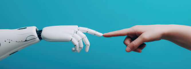 White cyborg finger about to touch human finger. Concept of integration and coordination of artificial intelligence technology