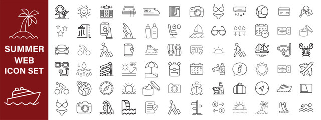 Summer set of web icons in line style. Summer vacation icons for web and mobile app. Travel, beach, tourism, summer holidays, hotel, relax, beach, luggage, passport, sunglasses. Vector illustration