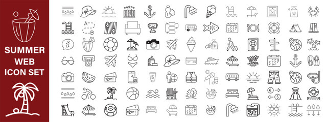 Summer set of web icons in line style. Summer vacation icons for web and mobile app. Travel, beach, tourism, summer holidays, hotel, relax, beach, luggage, passport, sunglasses. Vector illustration