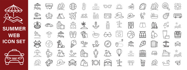 Summer set of web icons in line style. Summer vacation icons for web and mobile app. Travel, beach, tourism, summer holidays, hotel, relax, beach, luggage, passport, sunglasses. Vector illustration
