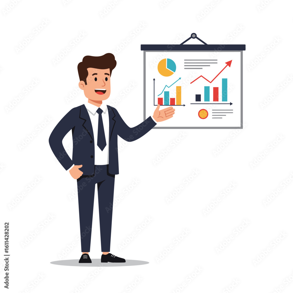 Poster man presenting financial data with charts on a whiteboard in a business setting
