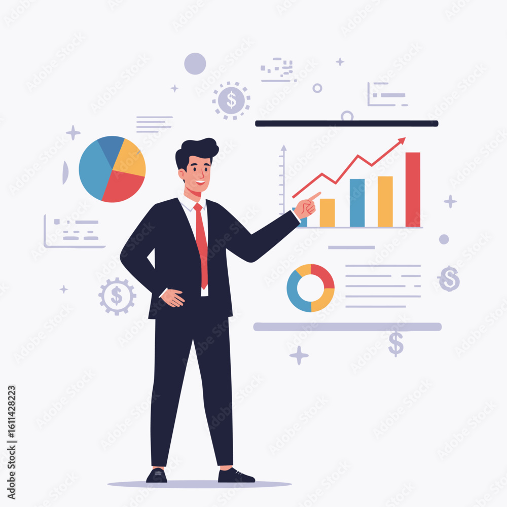 Poster man in suit presenting rising bar graph and pie charts