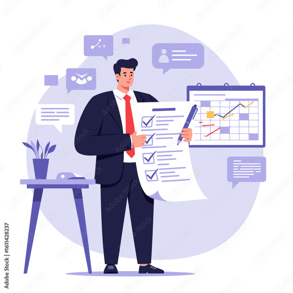 Poster man in suit reviews checklist calendar with graph in background
