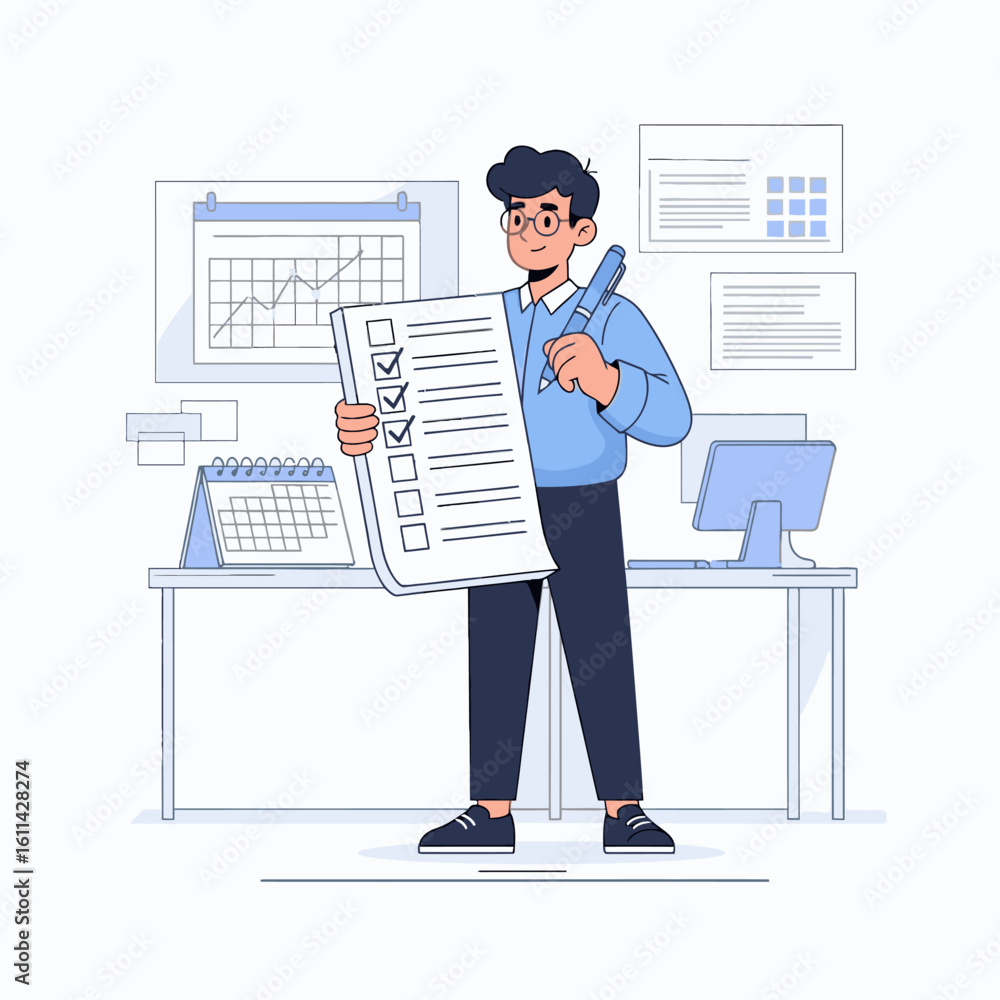Poster man in office with checklist pen computer desk calendar wall calendar and documents